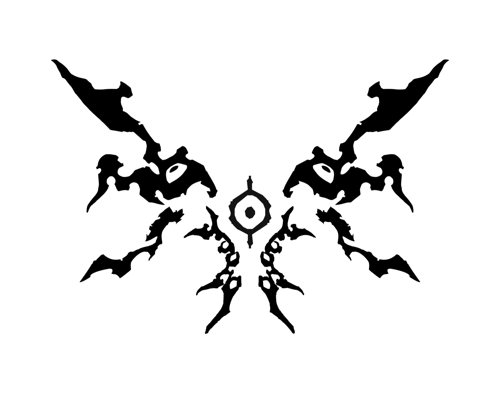 Silhouette iteration: wide wingspan with central eye and mechanical joint details